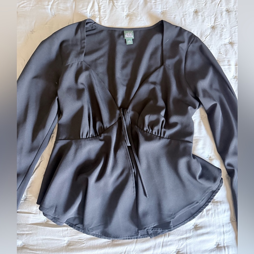 Wild Fable Black Flared Tie Front Long Sleeve Crop Top Blouse
